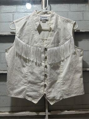 Vintage Banjo Dallas Texas White Fringe Western Vest Cotton Large Cowgirl Boho